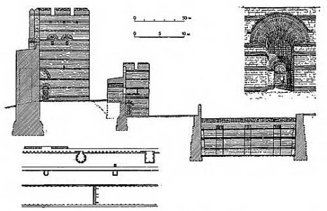 Константинополь. Фрагмент сухопутных стен. Поперечный разрез, деталь (ворота), план