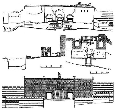 Константинополь. Золотые ворота, 1-я половина V в.: наружный фасад, поперечный разрез, план, наружный фасад в 450 г. (реконструкция)
