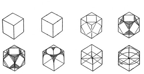 Построение кубоктаэдра (вверху) и его основные свойства (внизу)