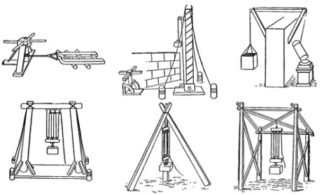 Изображения строительных машин и приспособлений, описанных Героном Александрийским в его "Механике"