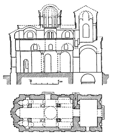 Месемврия. Церковь Вседержителя (Пантократора), конец XIII—XIV в. План, разрез 