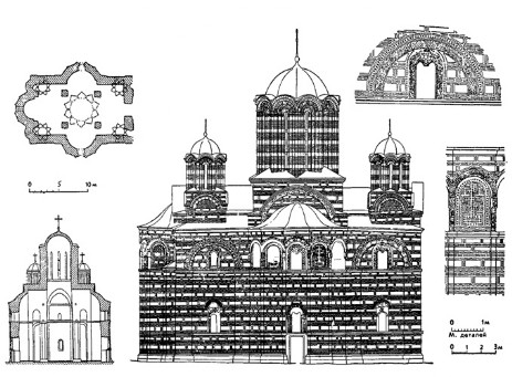 Раваница. Церковь. Северный фасад, план, разрез, детали фасада