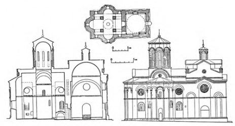 Любостыня. Церковь, 1378—1388 гг., арх. Раде Бороевич. Северный фасад, план и разрез